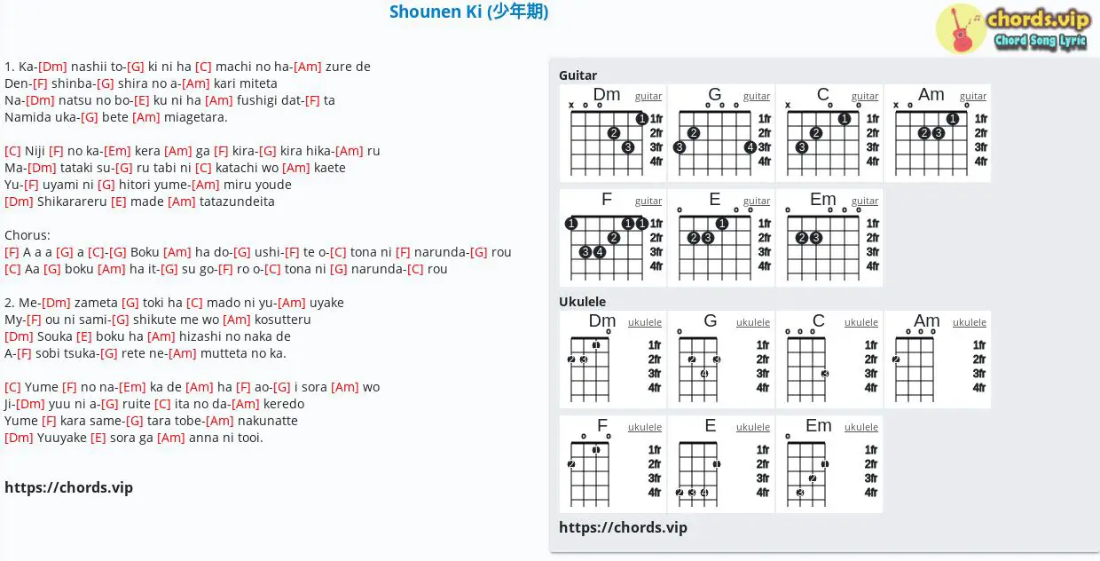 Hợp âm: Shounen Ki (少年期) - Nhạc Nhật - cảm âm, tab guitar, ukulele - lời  bài hát 