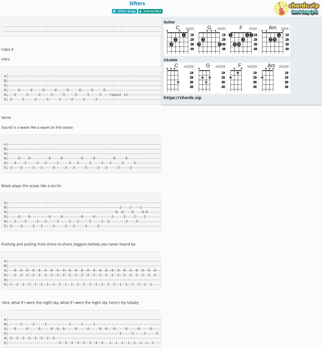 Chord Sifters Andrew Bird Tab Song Lyric Sheet Guitar Ukulele Chordsvip 4107