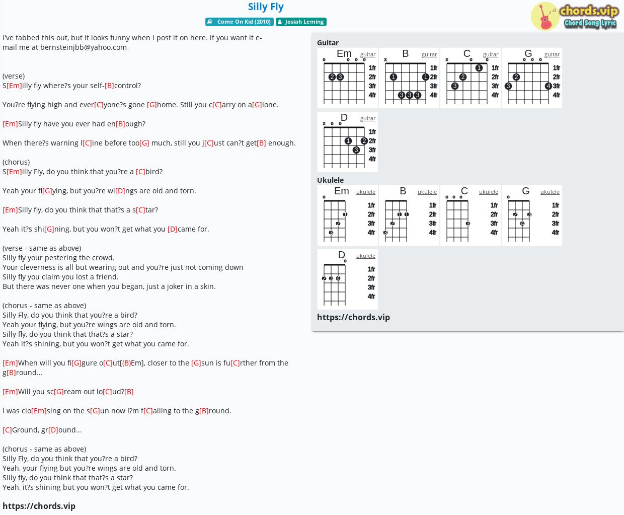 Chord Silly Fly Josiah Leming Tab Song Lyric Sheet Guitar Ukulele Chords Vip