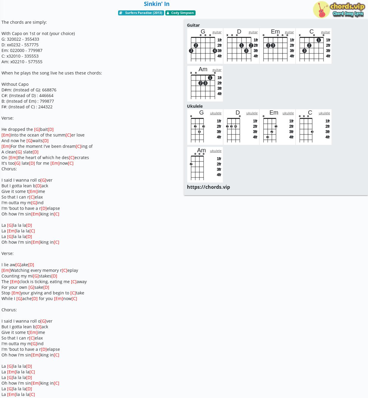 Chord Sinkin In Cody Simpson Tab Song Lyric Sheet Guitar Ukulele Chords Vip