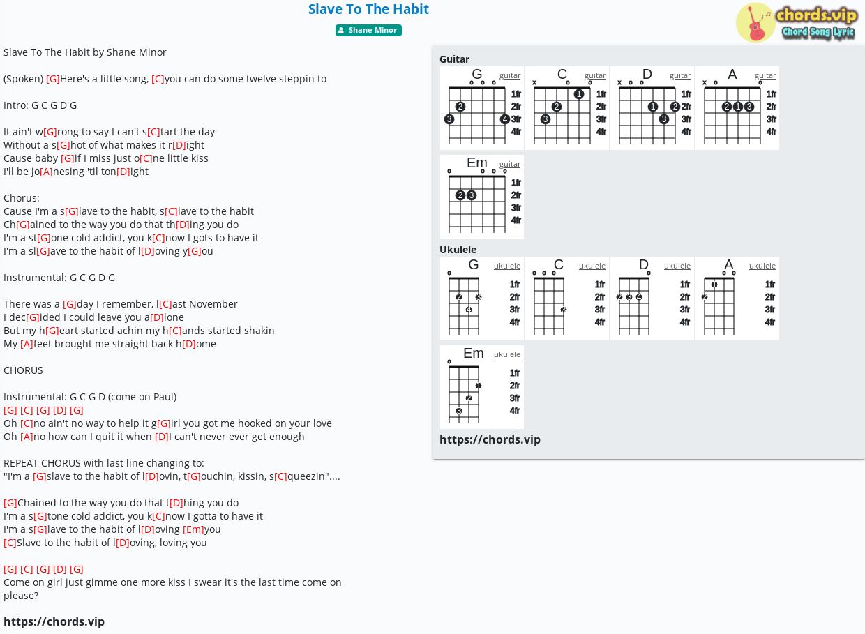 Chord Slave To The Habit Shane Minor Tab Song Lyric Sheet Guitar Ukulele Chords Vip