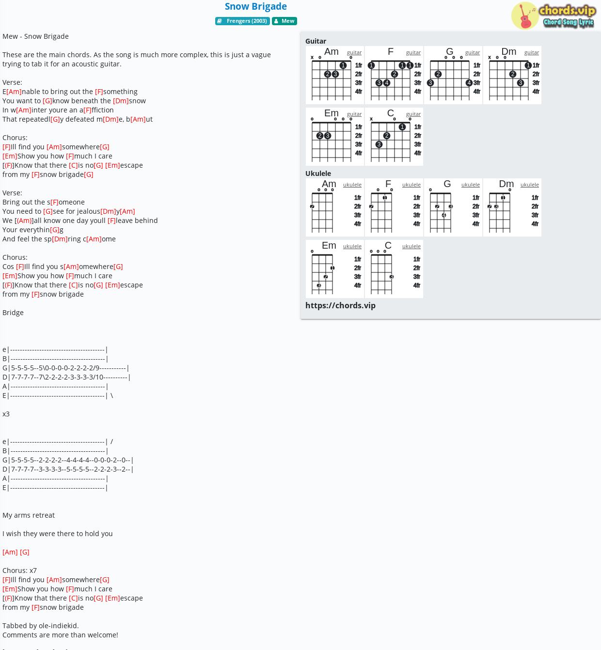Chord Snow Brigade Mew Tab Song Lyric Sheet Guitar Ukulele Chordsvip 