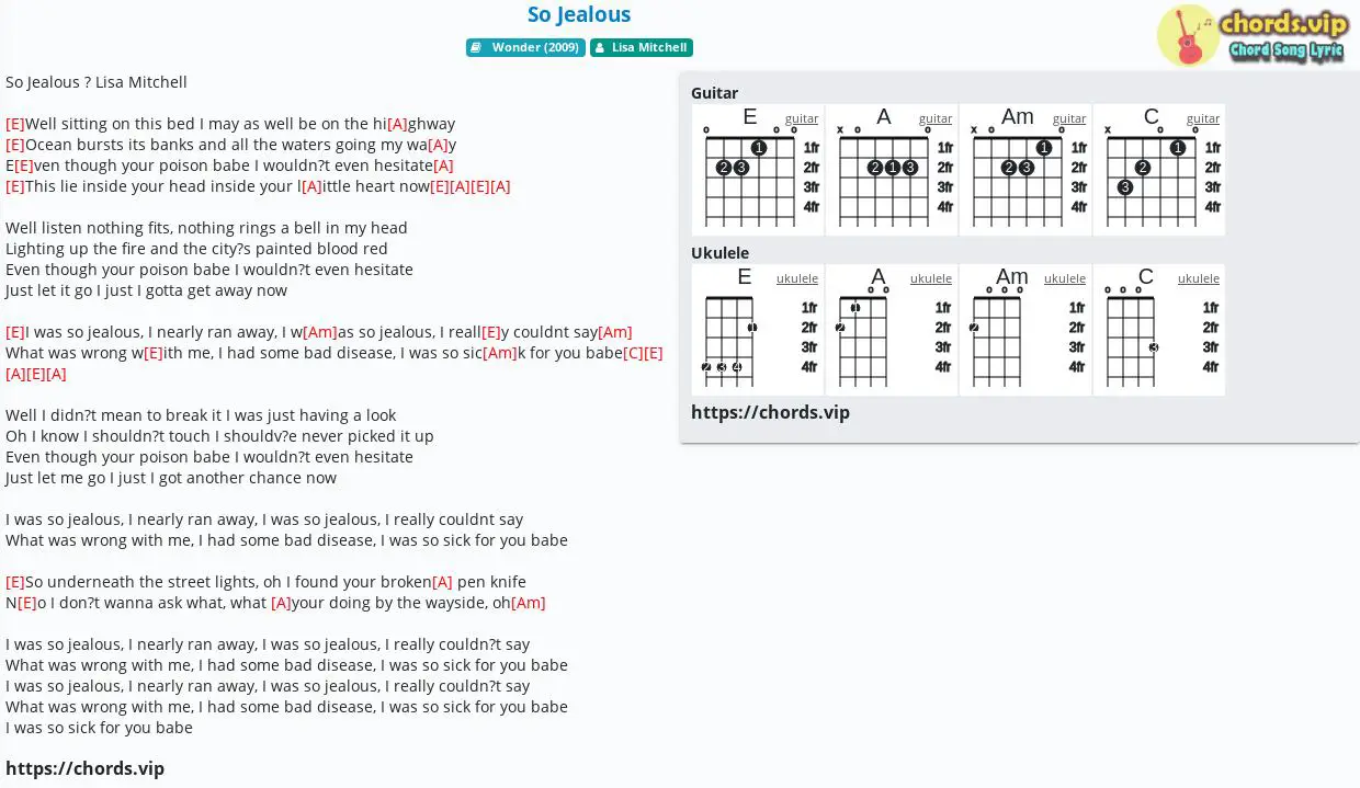 Hợp âm So Jealous Lisa Mitchell Cảm âm Tab Guitar Ukulele Lời Bài Hát Chordsvip 