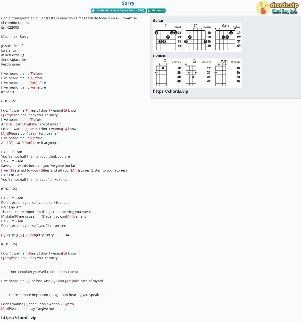 Chord Sorry Madonna Tab Song Lyric Sheet Guitar Ukulele Chords Vip