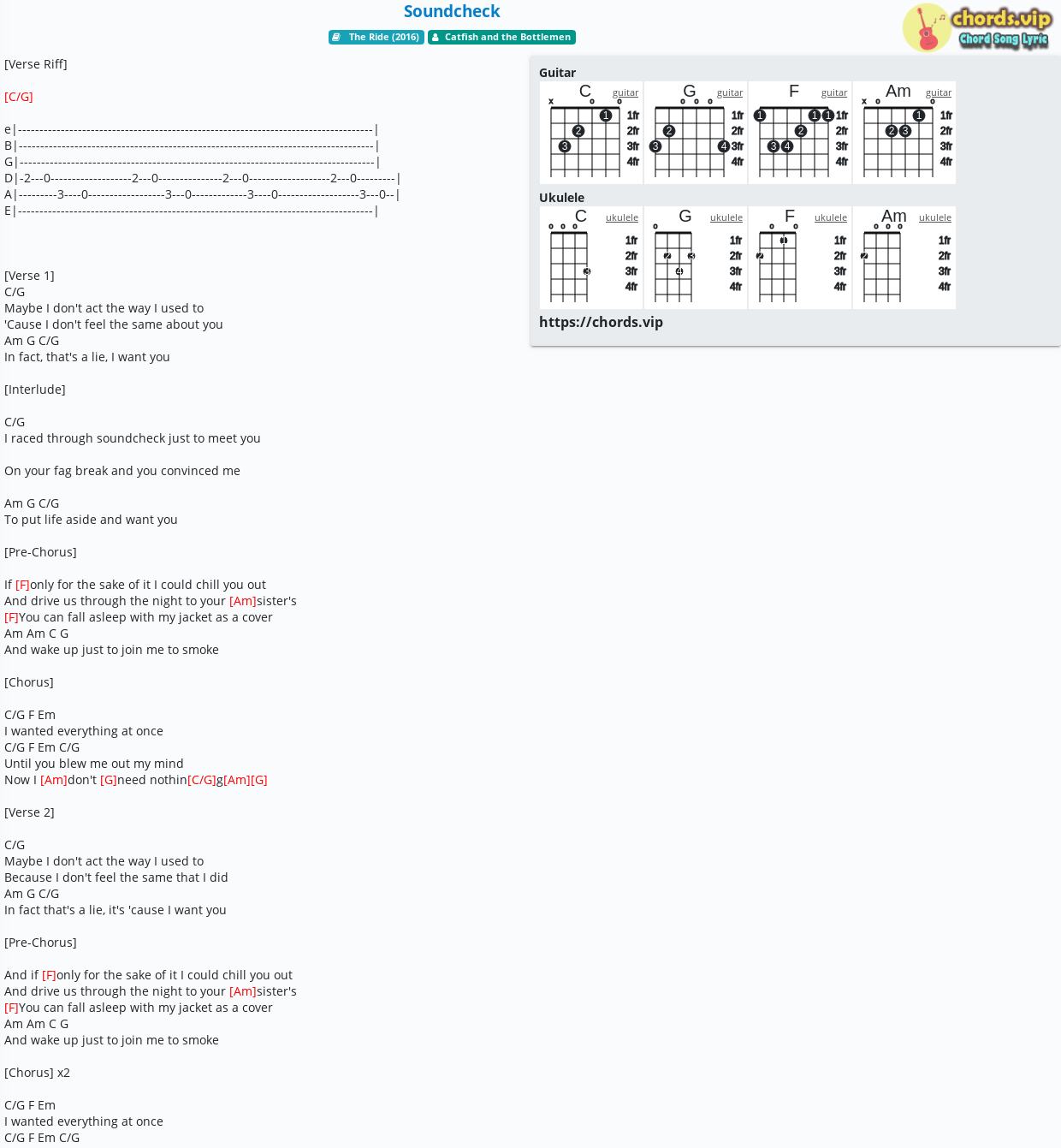 Chord Soundcheck Catfish and the Bottlemen tab, song lyric, sheet