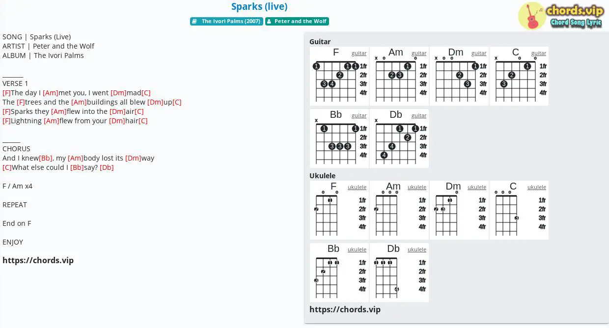 Chord Sparks (live) tab, song lyric, sheet, guitar, ukulele chords.vip