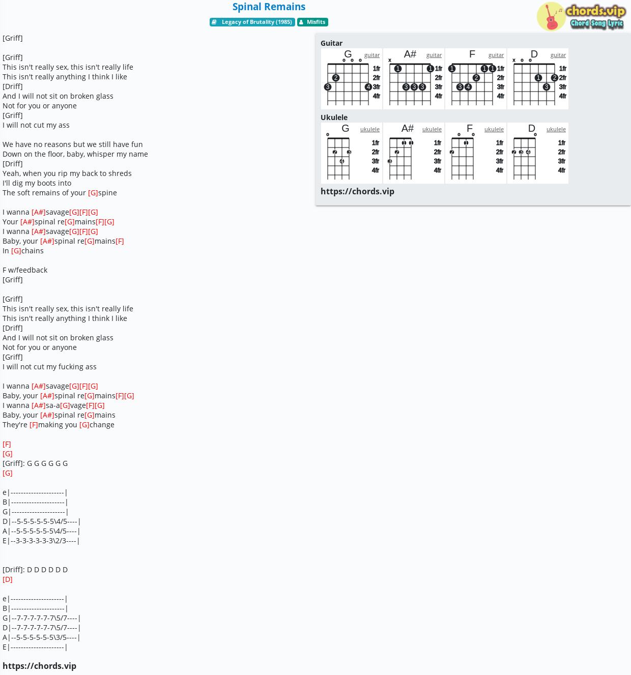 Chord: Spinal Remains - Misfits - tab, song lyric, sheet, guitar ...