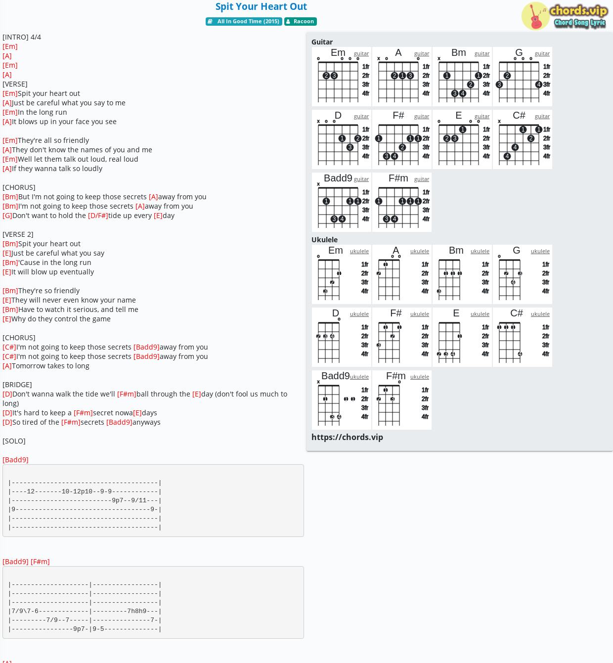 Chord Spit Your Heart Out Racoon Tab Song Lyric Sheet Guitar Ukulele Chords Vip