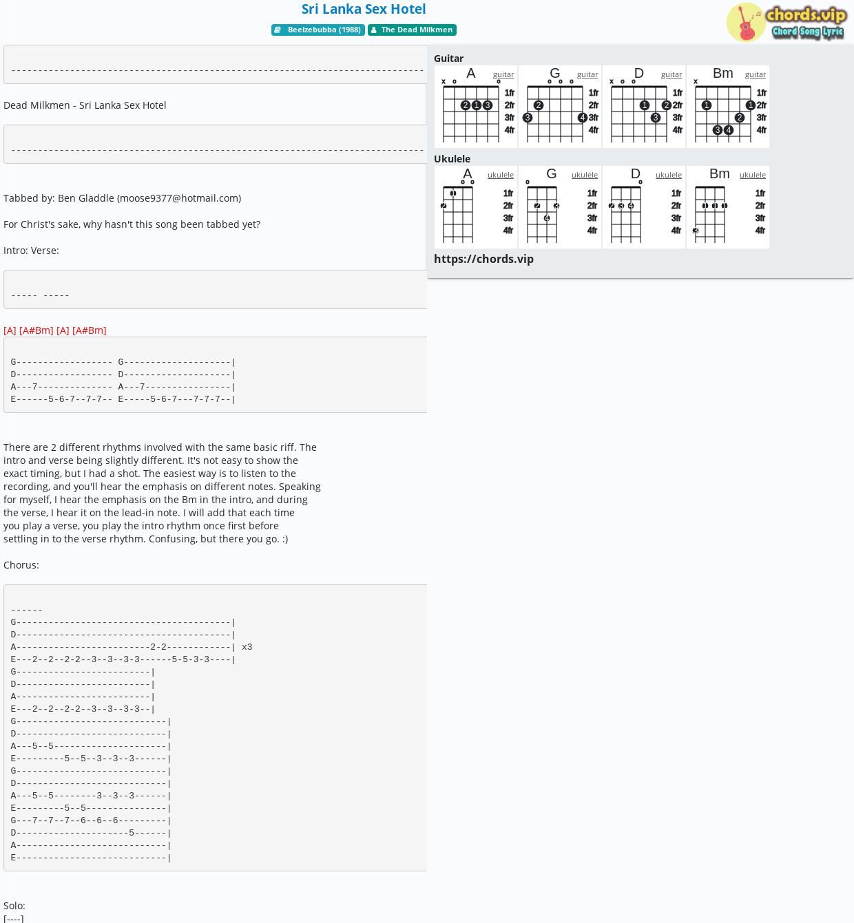 Chord Sri Lanka Sex Hotel The Dead Milkmen Tab Song Lyric Sheet Guitar Ukulele Chordsvip 0868