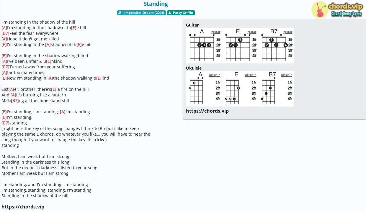 Chord Standing Patty Griffin Tab Song Lyric Sheet Guitar Ukulele Chordsvip 