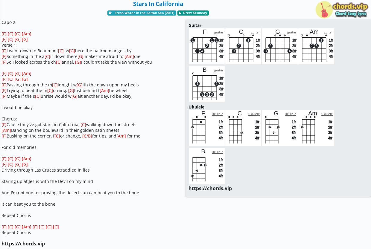 Chord Stars In California Drew Kennedy Tab Song Lyric Sheet Guitar Ukulele Chords Vip