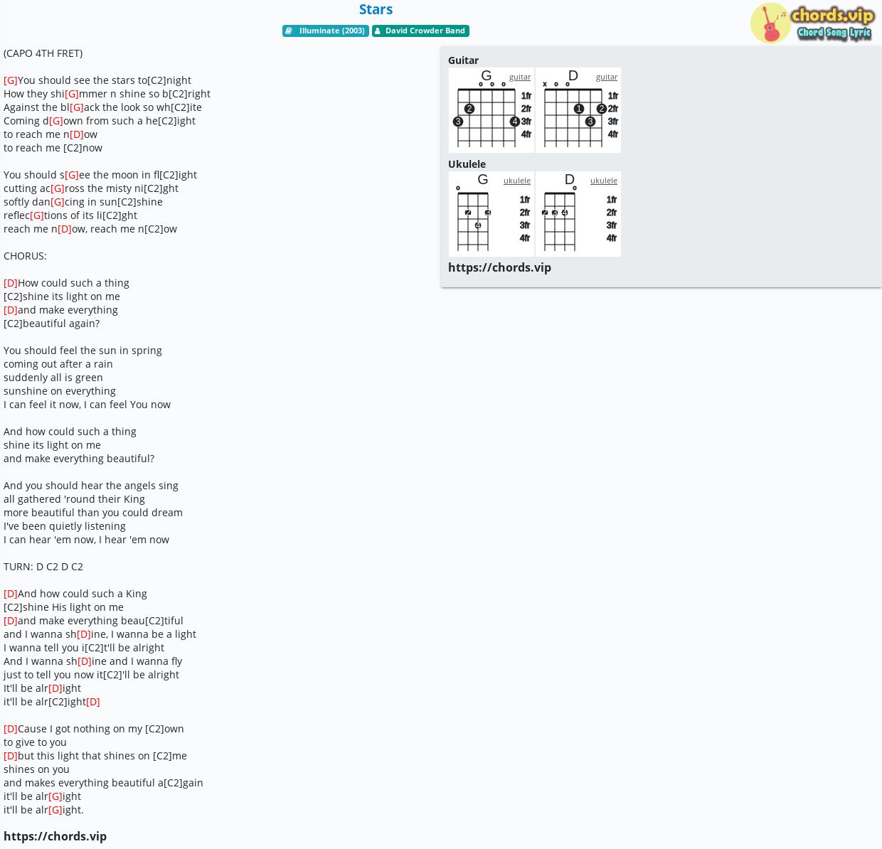 Chord Stars David Crowder Band Tab Song Lyric Sheet Guitar Ukulele Chords Vip