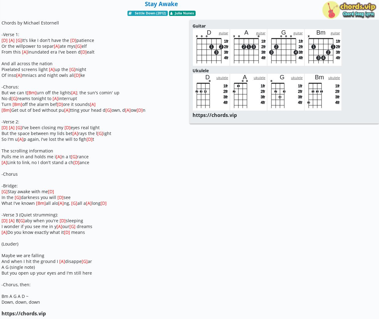 Chord Stay Awake Julia Nunes Tab Song Lyric Sheet Guitar 