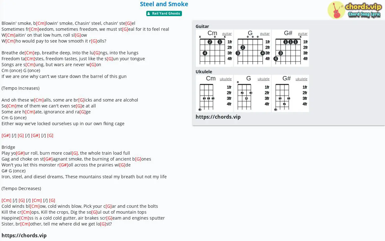 Chord Steel And Smoke Rail Yard Ghosts Tab Song Lyric Sheet Guitar Ukulele Chords Vip