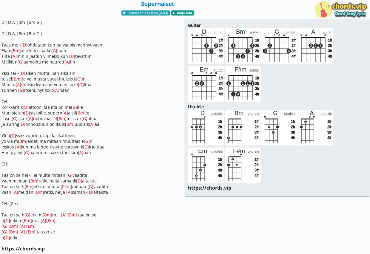 Chord: Supernaiset - Kaija Koo - tab, song lyric, sheet, guitar, ukulele |  