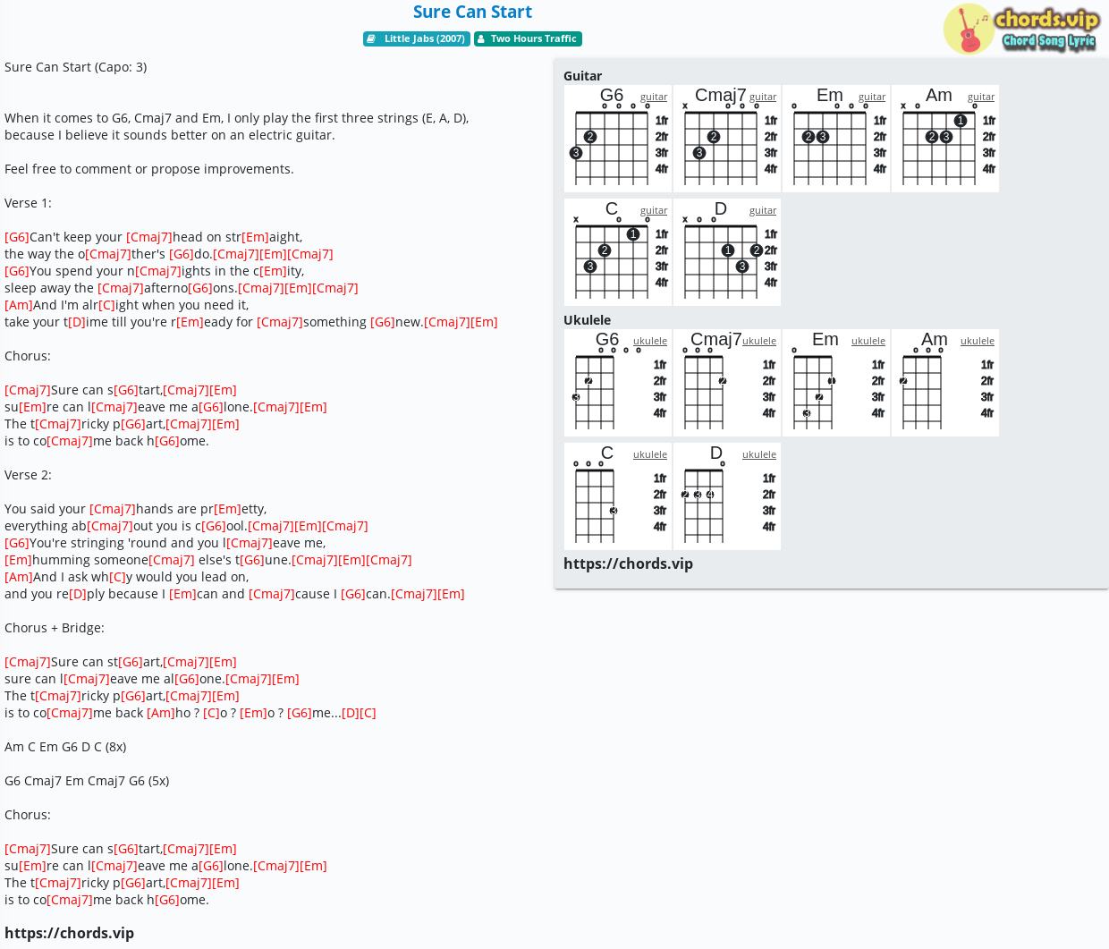 Chord Sure Can Start Two Hours Traffic Tab Song Lyric Sheet 
