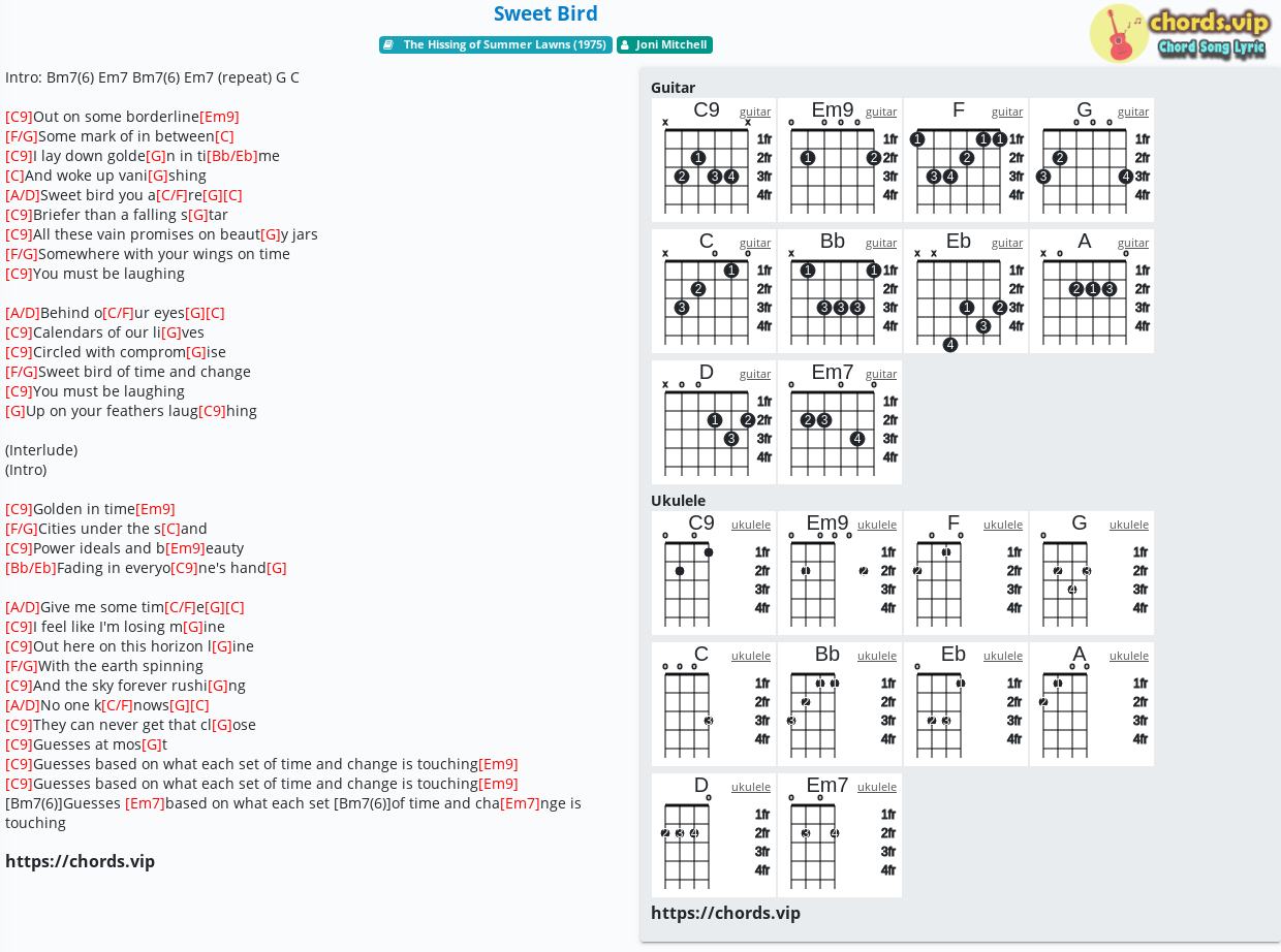 Chord Sweet Bird Joni Mitchell Tab Song Lyric Sheet Guitar Ukulele Chords Vip