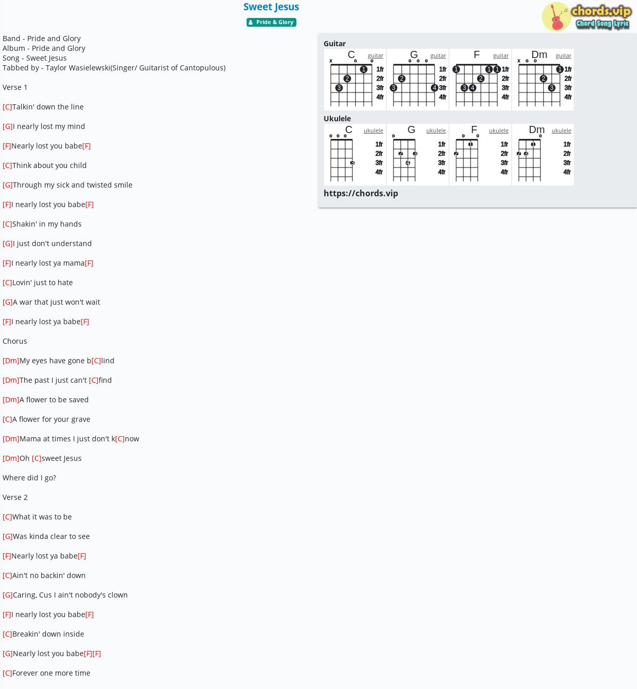 Chord Sweet Jesus Pride Glory Tab Song Lyric Sheet Guitar Ukulele Chords Vip