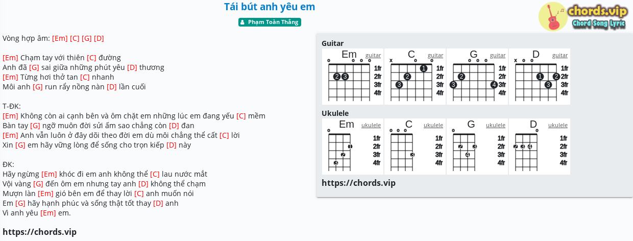 Hợp âm: Tái bút anh yêu em - Phạm Toàn Thắng - cảm âm, tab guitar, ukulele - lời bài hát | chords.vip