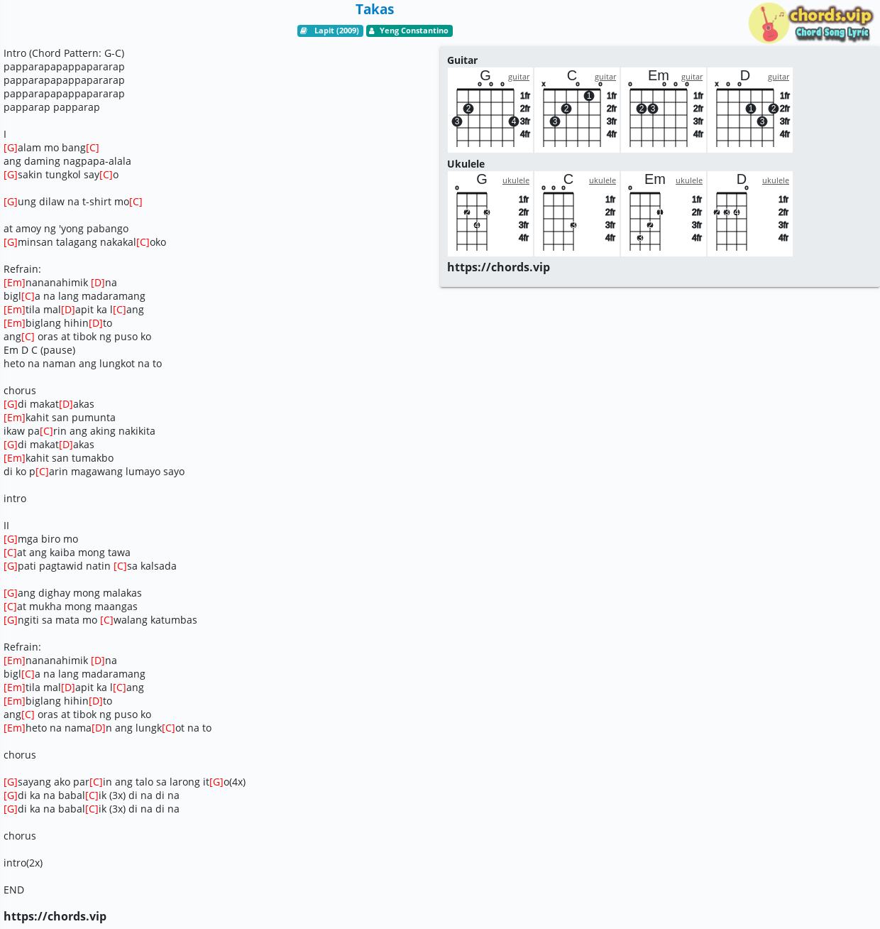 Chord: Takas - Yeng Constantino - tab, song lyric, sheet, guitar ...