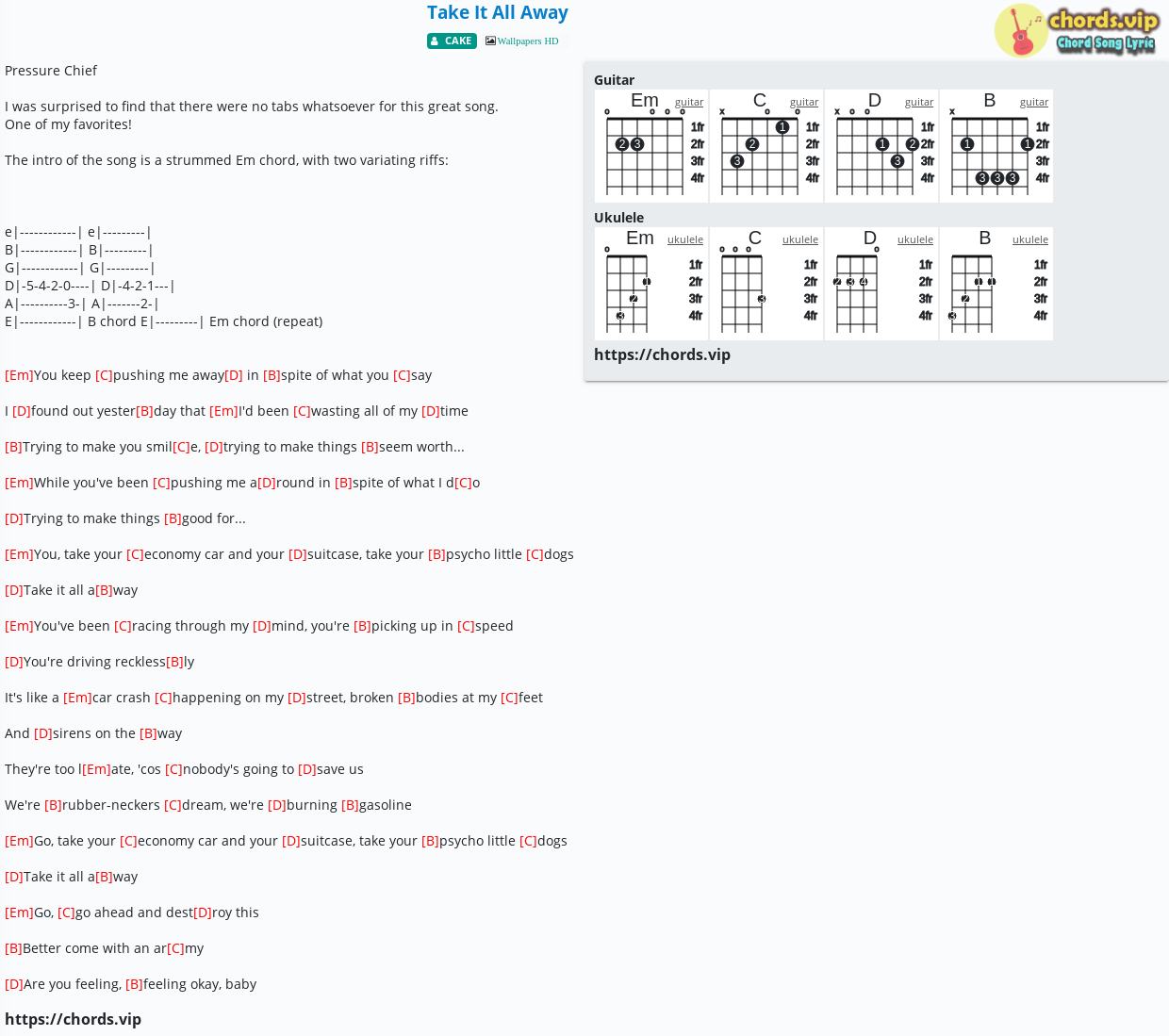 Chord Take It All Away CAKE tab, song lyric, sheet