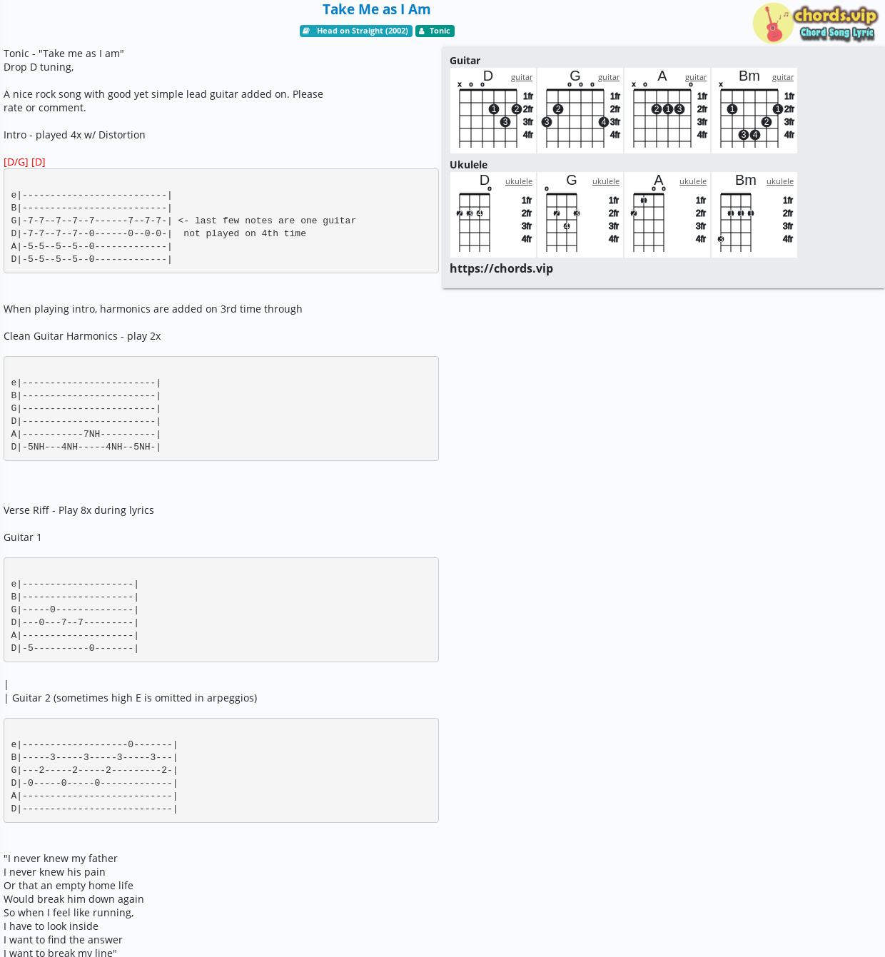 Chord Take Me As I Am Tonic Tab Song Lyric Sheet Guitar Ukulele Chords Vip