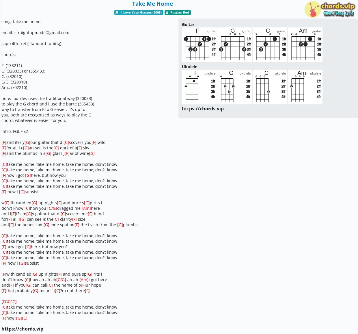 Chord Take Me Home Russian Red Tab Song Lyric Sheet Guitar Ukulele Chords Vip