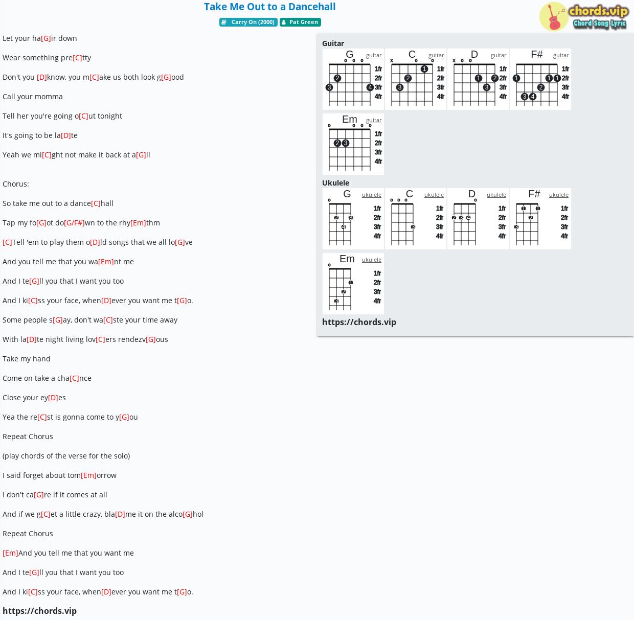 Chord Take Me Out To A Dancehall Pat Green Tab Song Lyric Sheet 