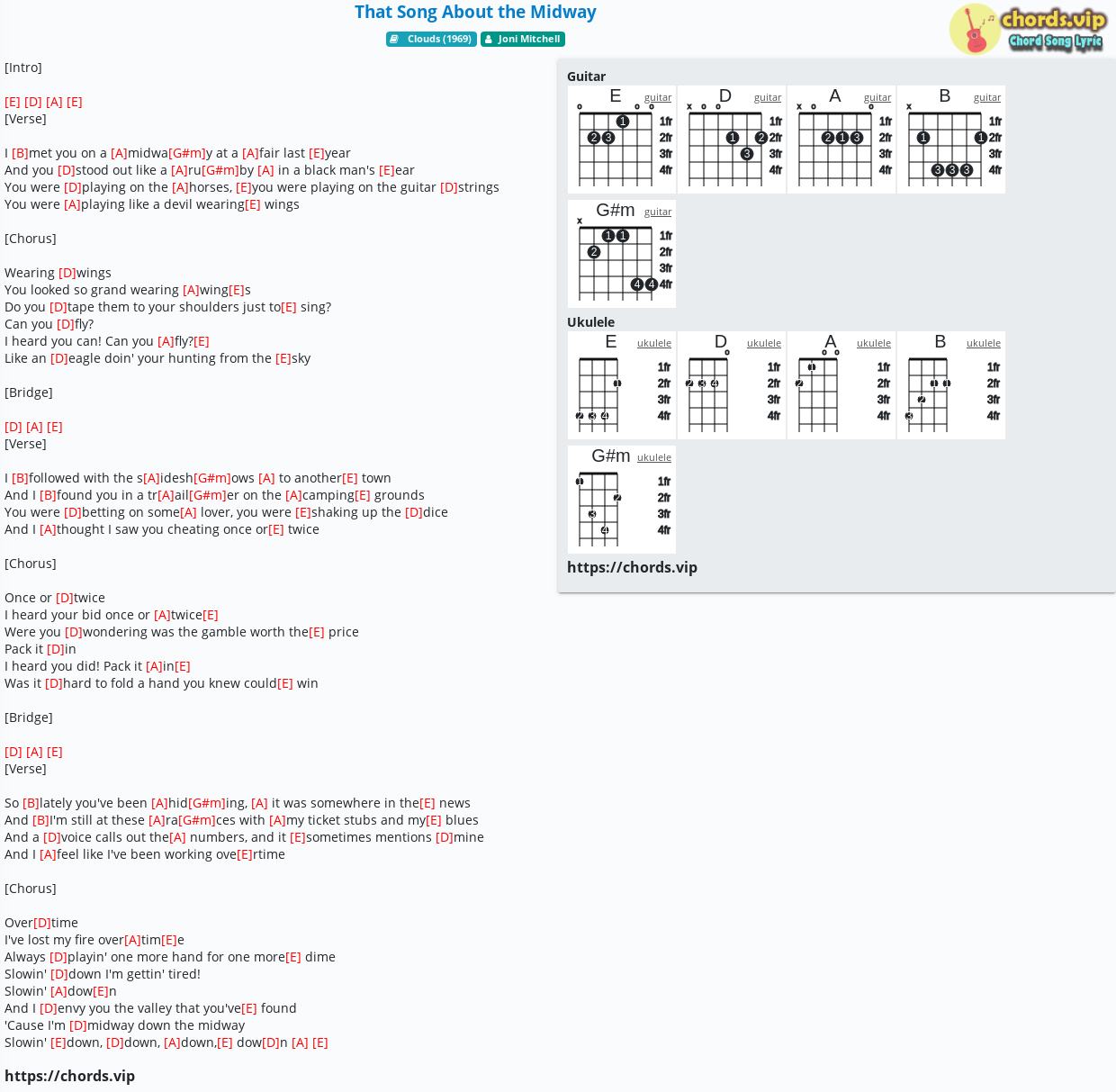 Chord That Song About The Midway Joni Mitchell Tab Song Lyric Sheet Guitar Ukulele 