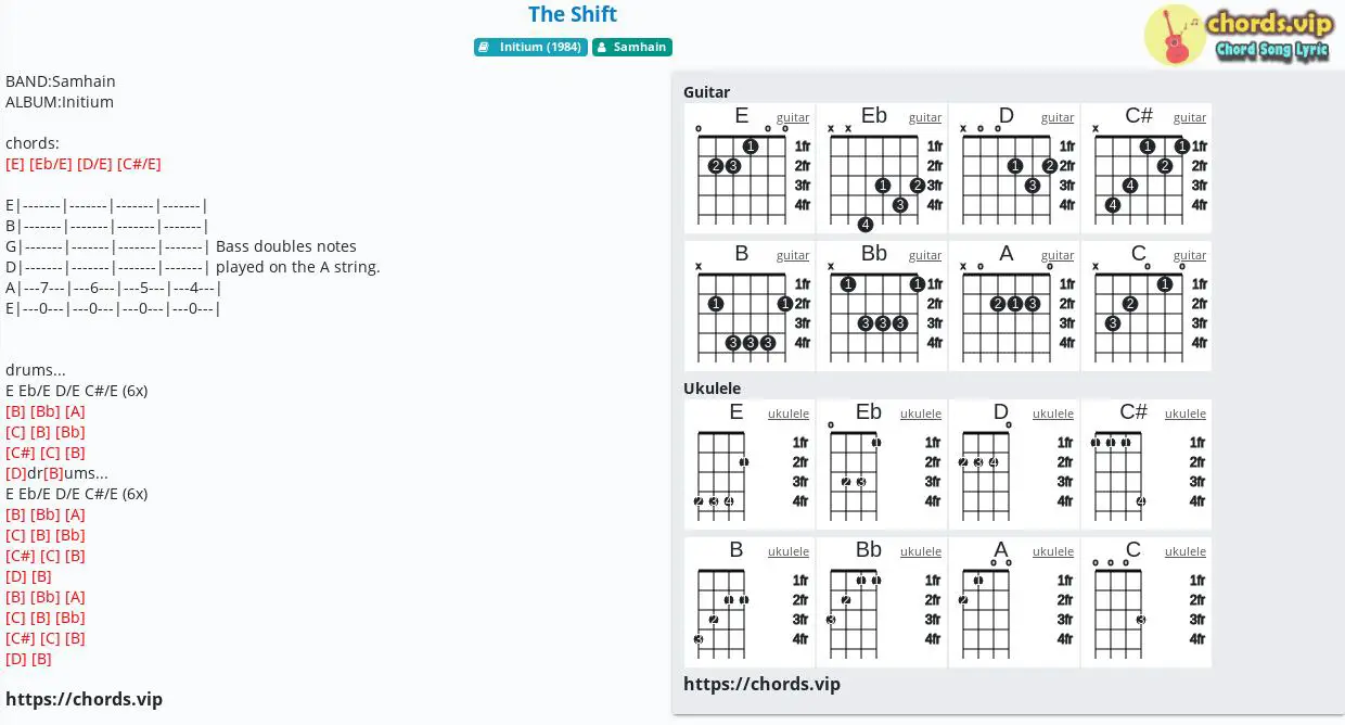 Chord The Shift Samhain tab, song lyric, sheet, guitar, ukulele