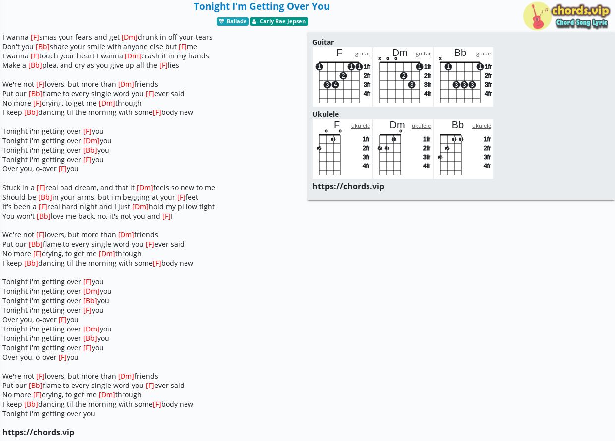 Chord Tonight I M Getting Over You Carly Rae Jepsen Tab Song Lyric Sheet Guitar Ukulele Chords Vip