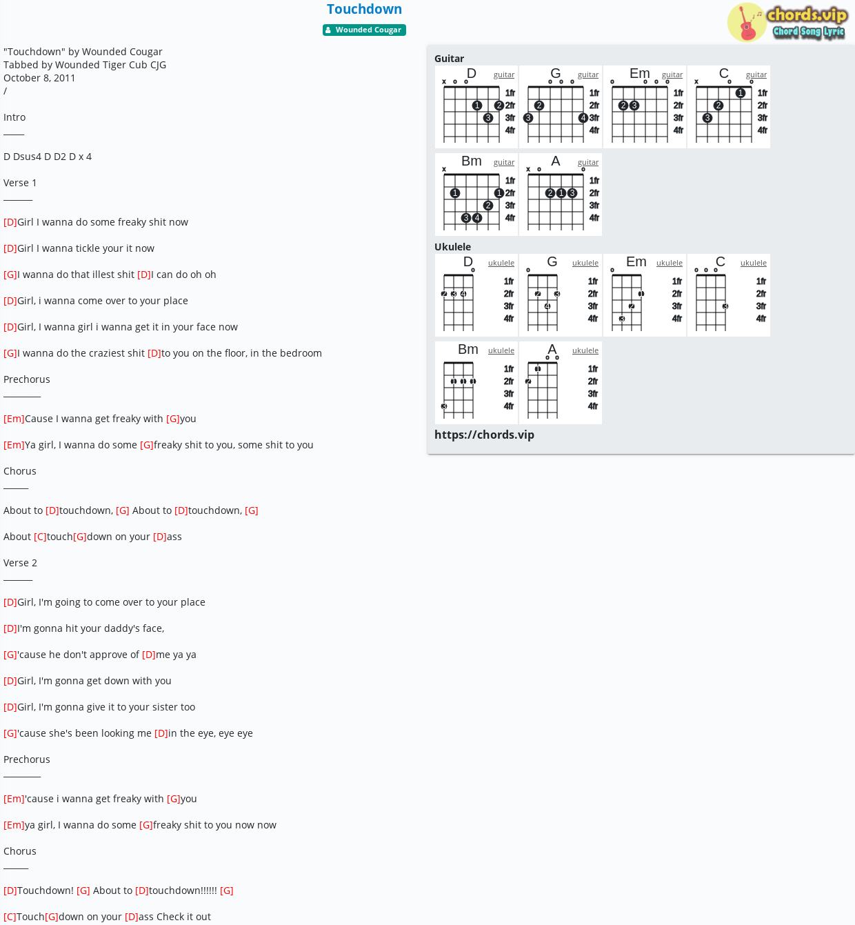 Chord Touchdown Wounded Cougar Tab Song Lyric Sheet Guitar Ukulele Chords Vip