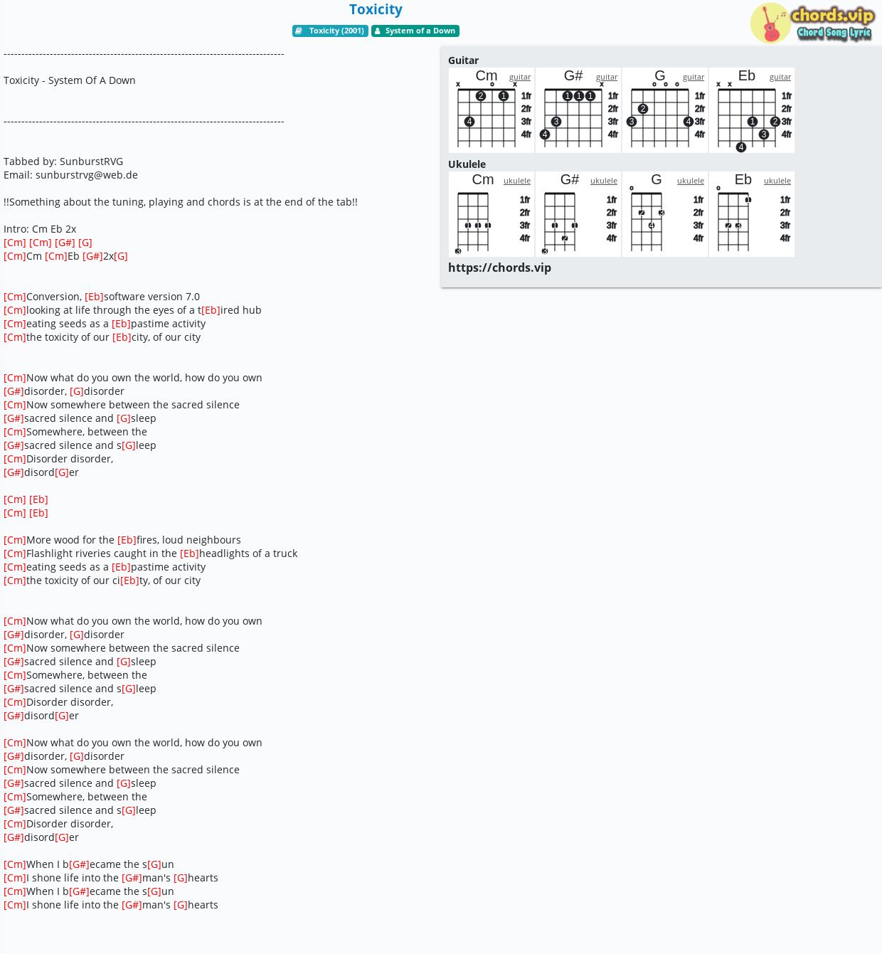 Chord Toxicity Tab Song Lyric Sheet Guitar Ukulele Chords Vip