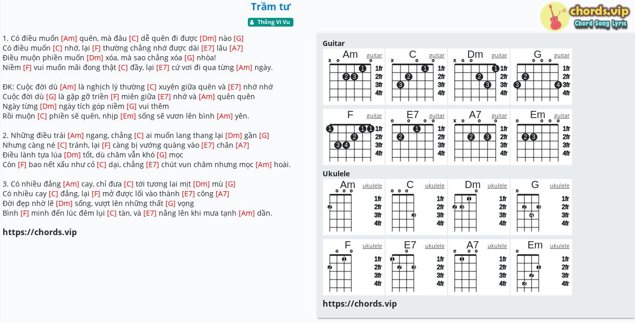 Chord Trầm Tư Thong Vi Vu Tab Song Lyric Sheet Guitar Ukulele Chords Vip