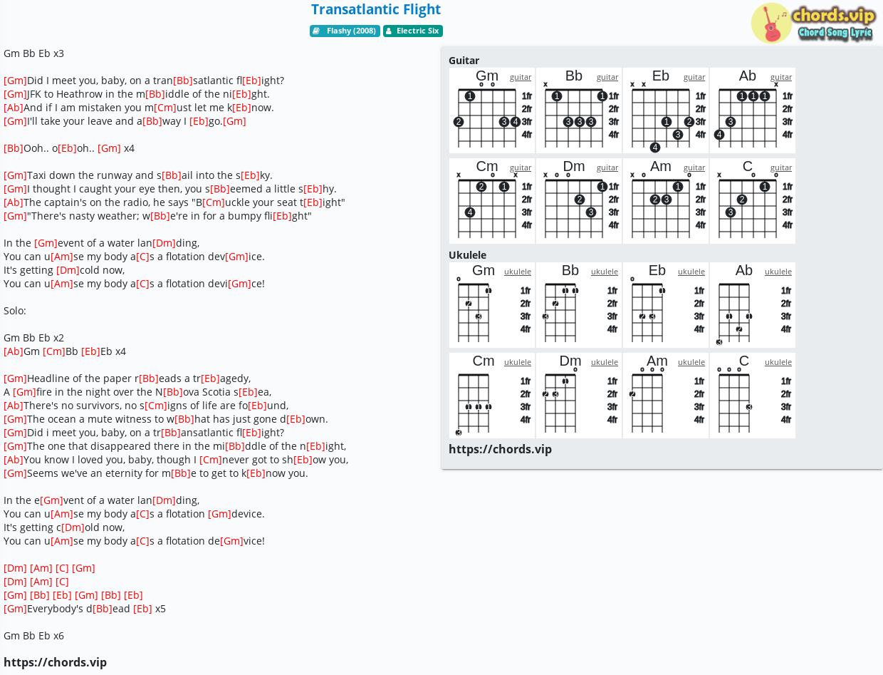 Chord Transatlantic Flight Electric Six Tab Song Lyric Sheet Guitar Ukulele Chords Vip