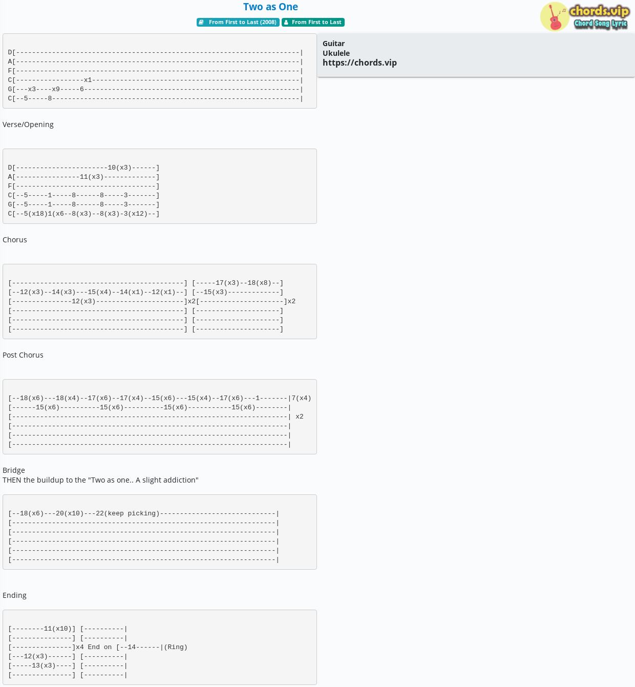 Chord Two As One From First To Last Tab Song Lyric Sheet Guitar 