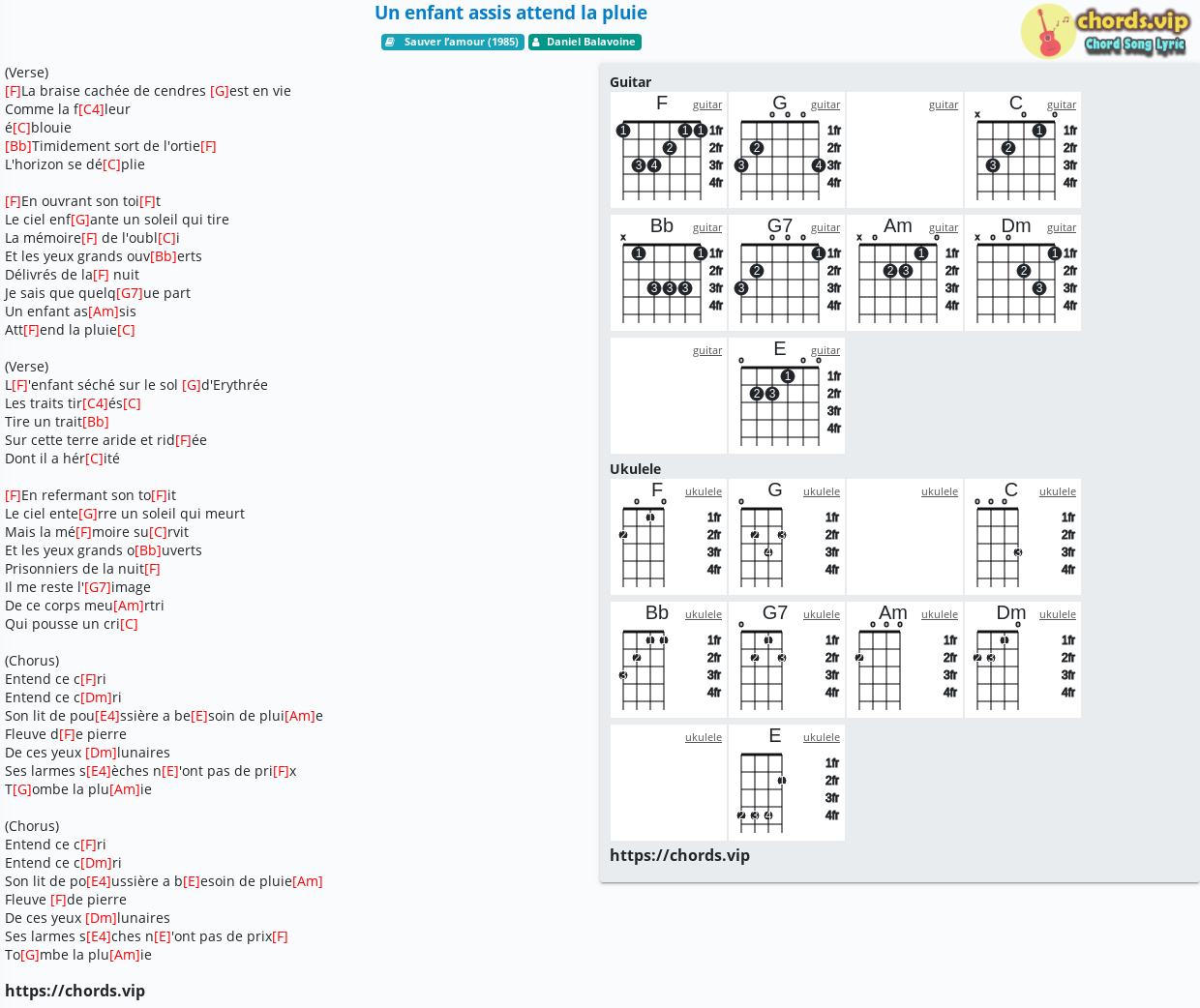 Chord Un Enfant Assis Attend La Pluie Daniel Balavoine Tab Song Lyric Sheet Guitar Ukulele Chords Vip