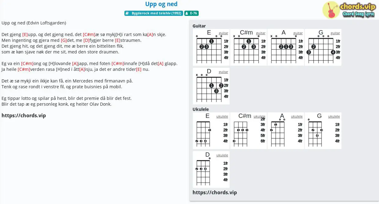 Chord Upp Og Ned E 76 Tab Song Lyric Sheet Guitar Ukulele Chords Vip