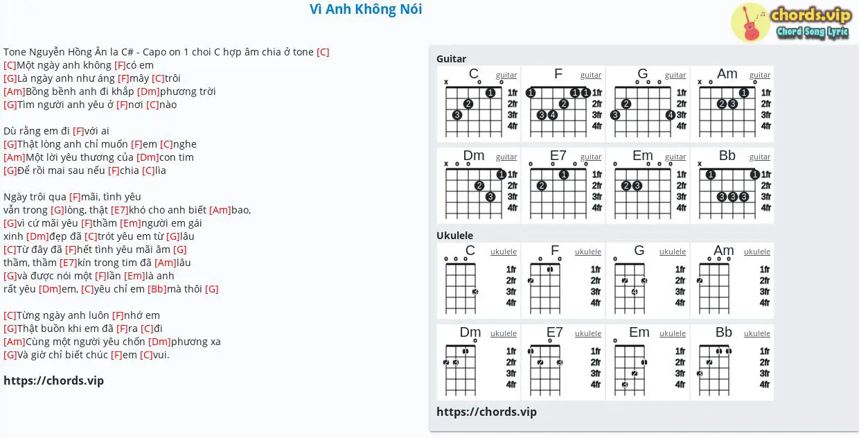 Chord Vi Anh Khong Noi Tab Song Lyric Sheet Guitar Ukulele Chords Vip