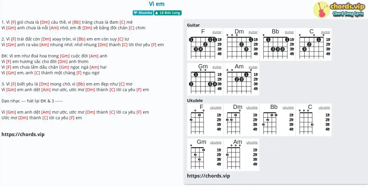 Chord Vi Em Le đức Long Tab Song Lyric Sheet Guitar Ukulele Chords Vip