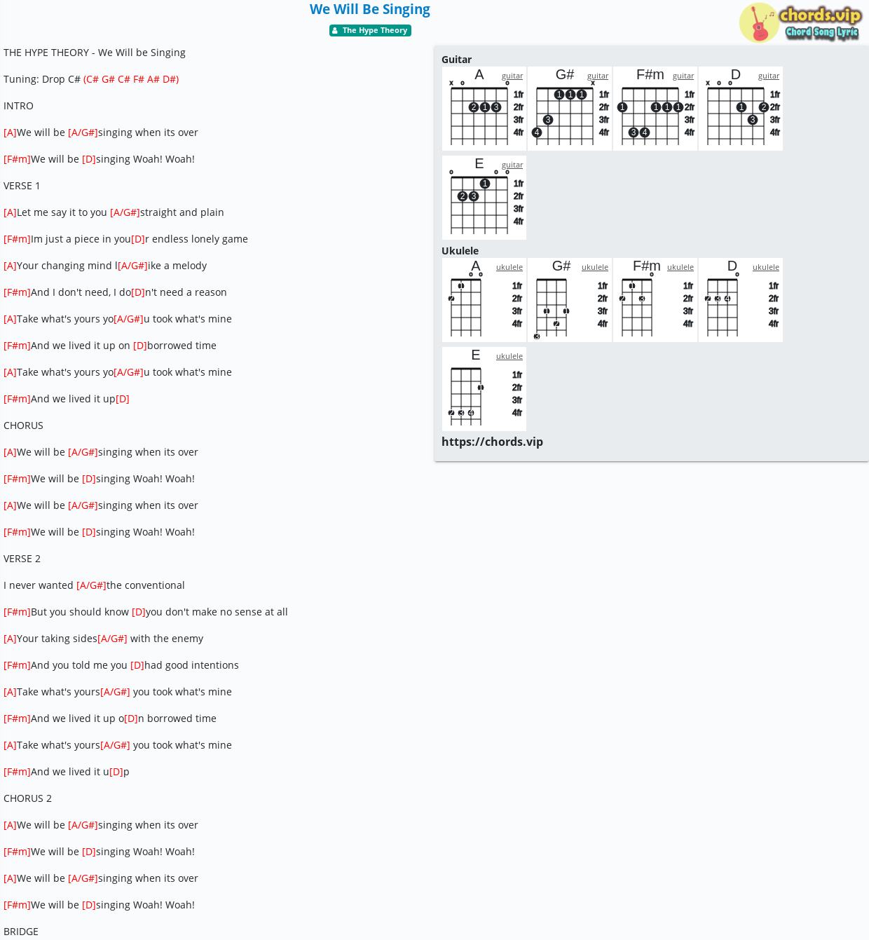 Chord: We Will Be Singing - The Hype Theory - tab, song lyric, sheet ...