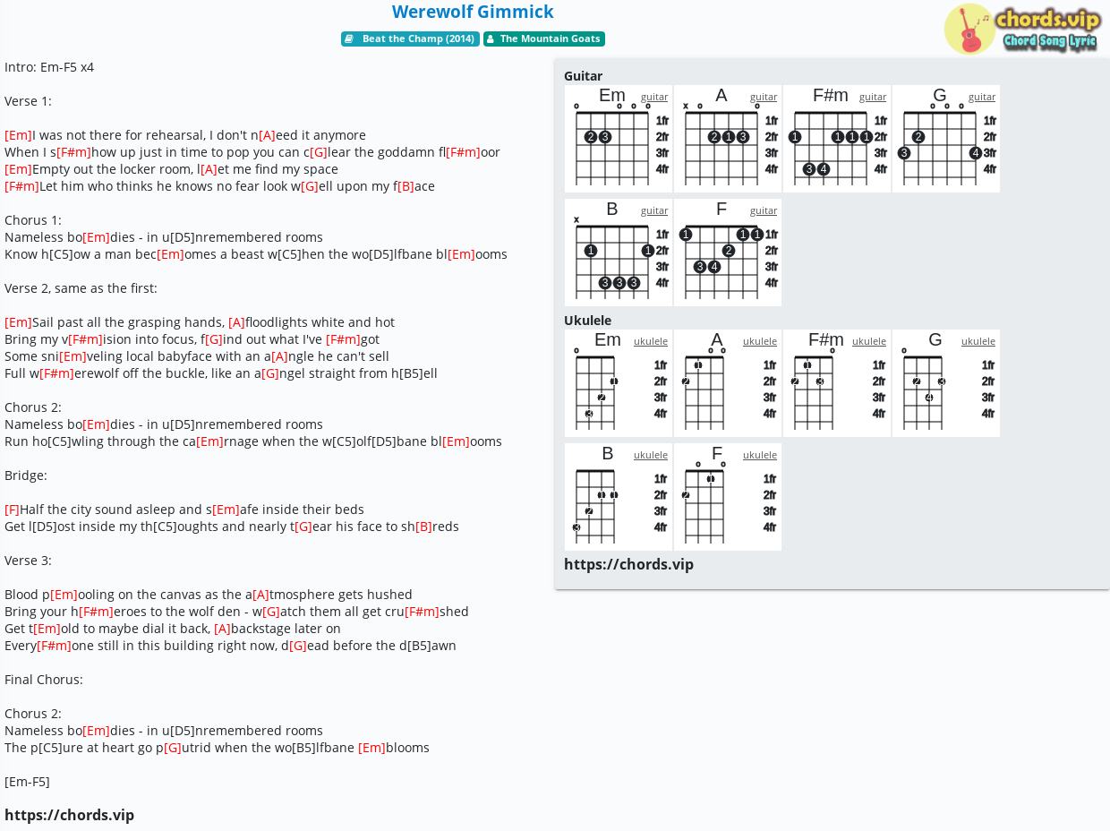 Chord Werewolf Gimmick The Mountain Goats Tab Song Lyric Sheet Guitar Ukulele Chords Vip