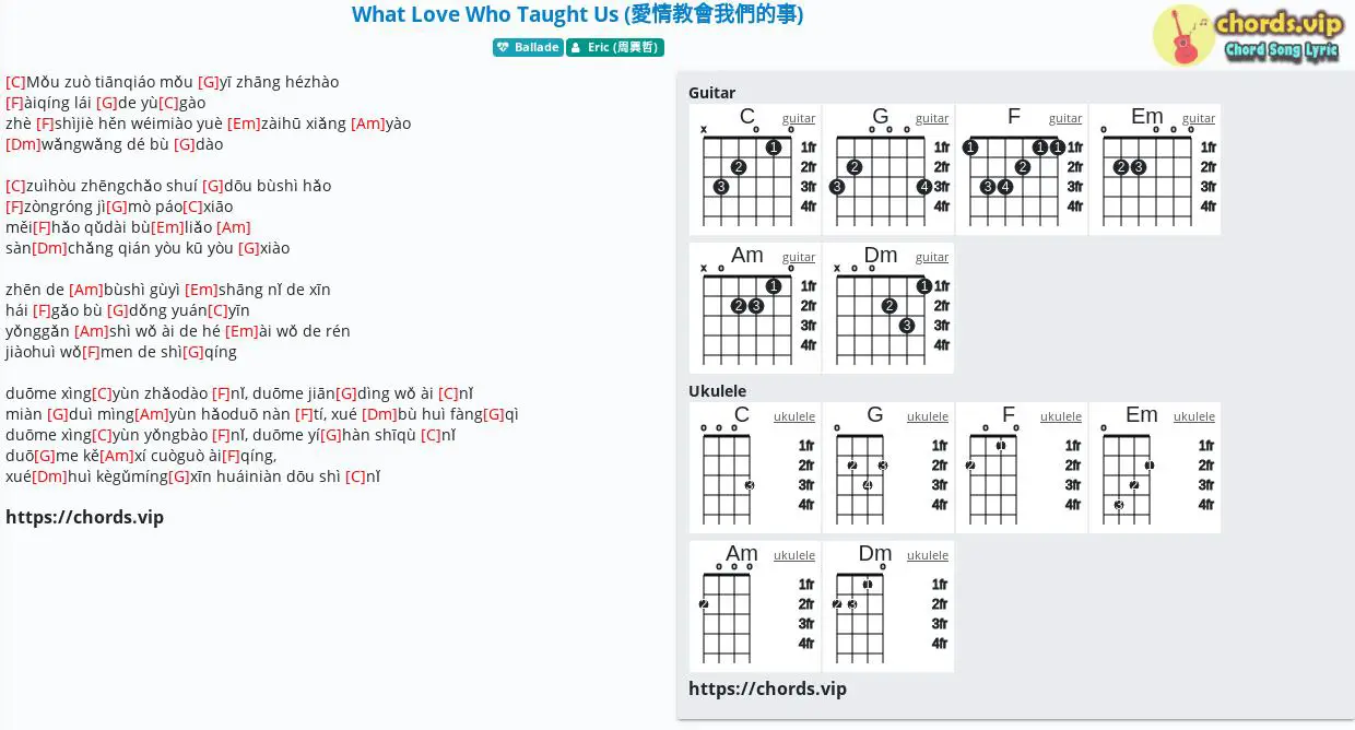 Chord What Love Who Taught Us 愛情教會我們的事 Eric 周興哲 Tab Song Lyric Sheet Guitar Ukulele Chords Vip