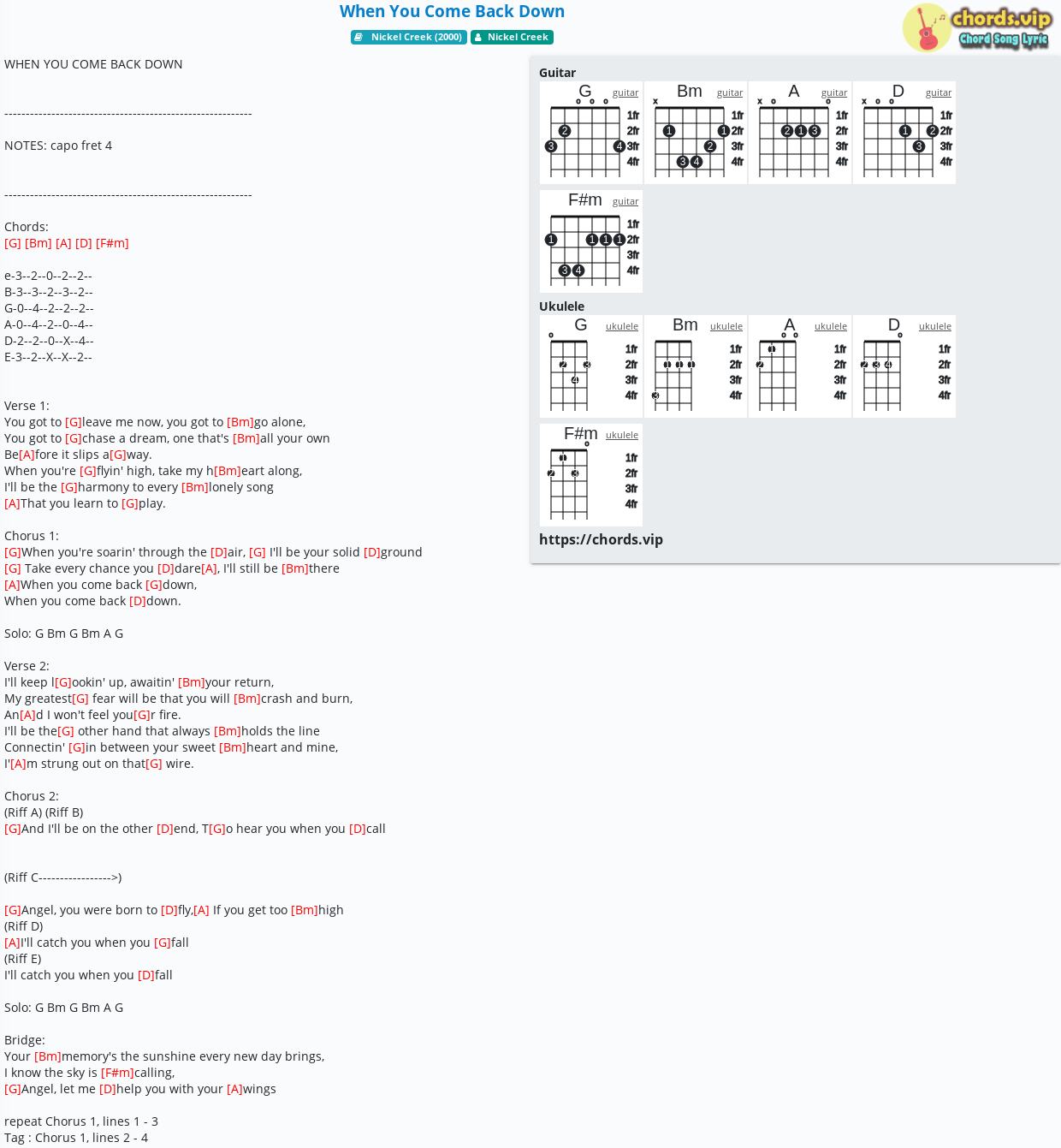 Chord When You Come Back Down Nickel Creek Tab Song Lyric Sheet Guitar Ukulele Chords Vip