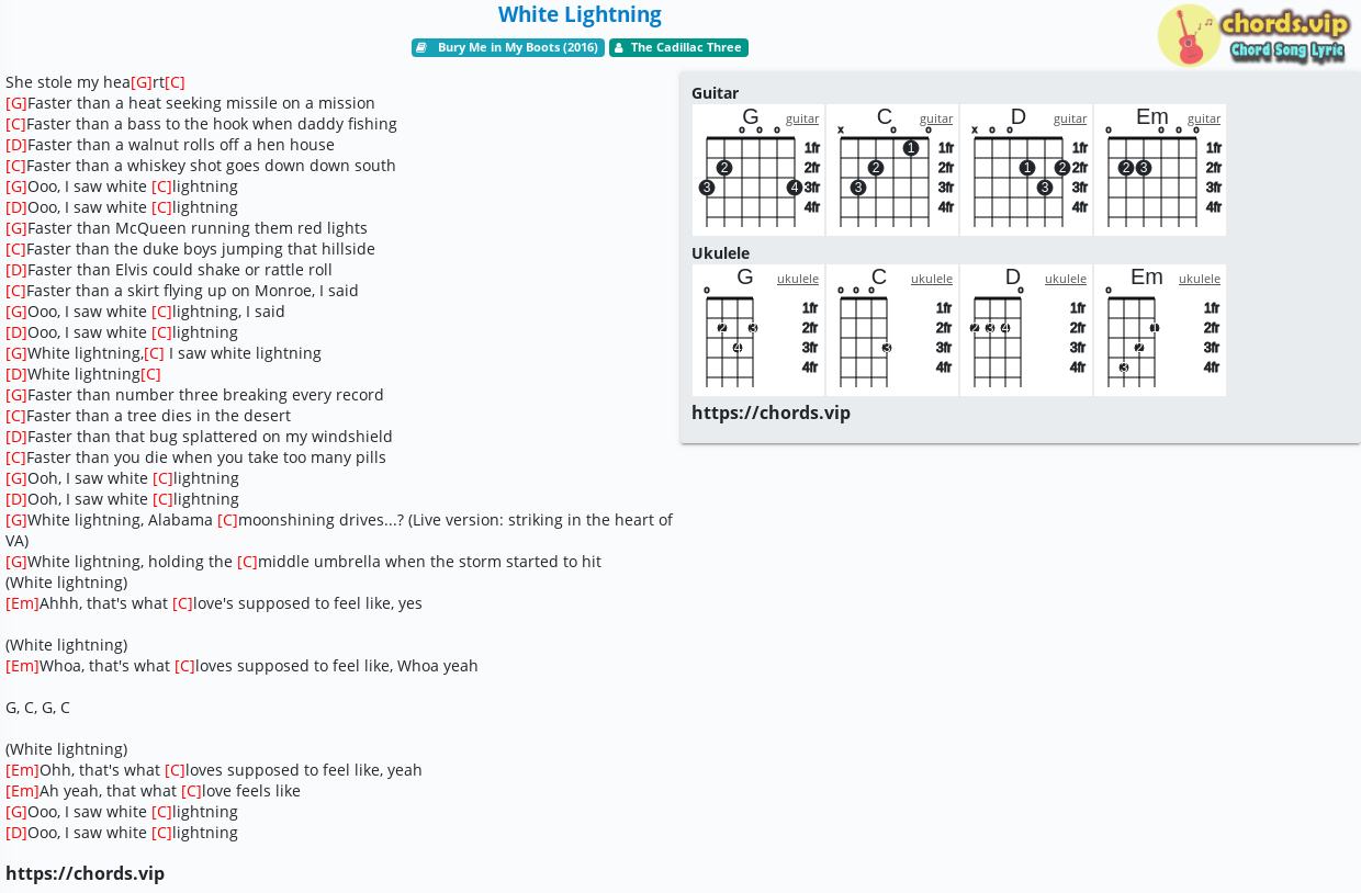 Hợp âm: White Lightning - The Cadillac Three - cảm âm, tab guitar, ukulele  - lời bài hát 