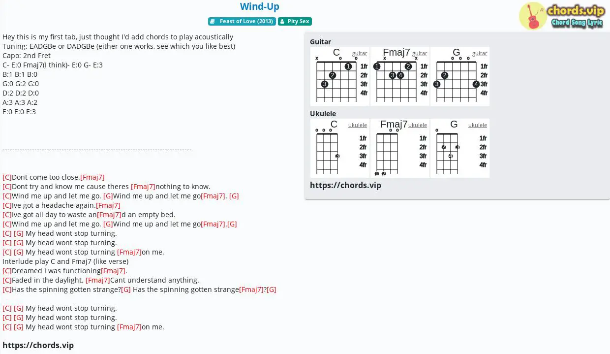 Chord Wind Up Pity Sex Tab Song Lyric Sheet Guitar Ukulele Chordsvip 