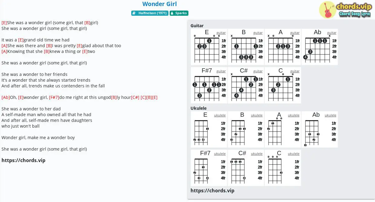 Chord Wonder Girl Sparks tab, song lyric, sheet, guitar, ukulele