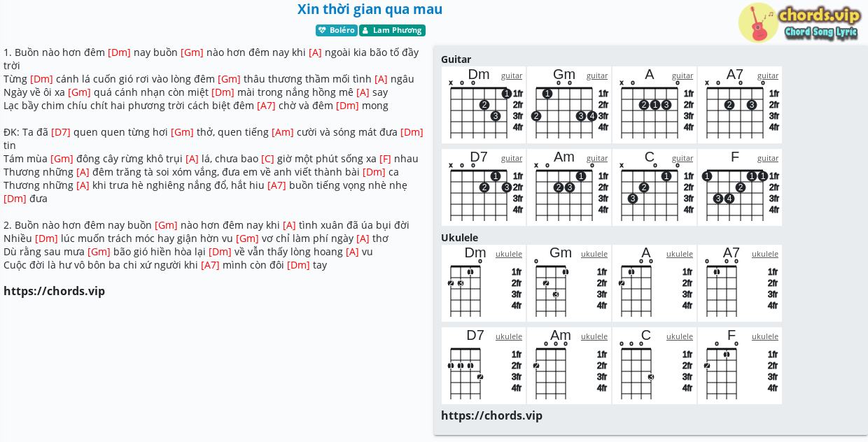 Hợp âm: Xin thời gian qua mau - Lam Phương - cảm âm, tab guitar, ukulele - lời bài hát | chords.vip